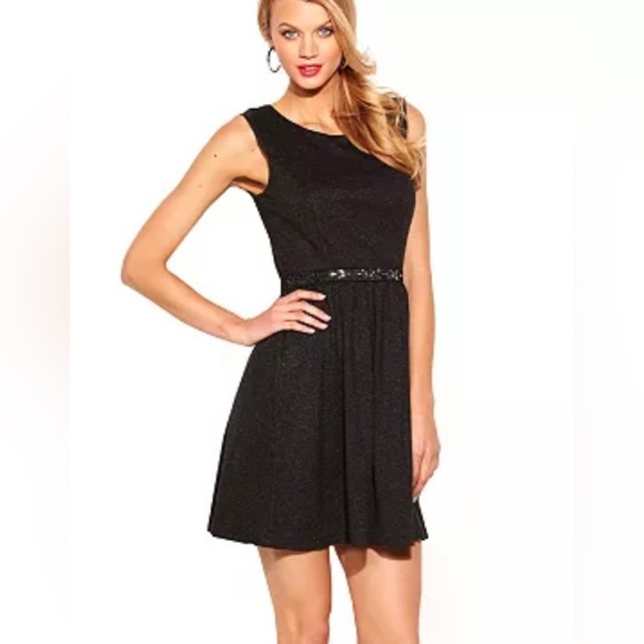 Elle Black Midi Summer Cocktail Dress‎ w/ Jeweled Belt Woman’s Size 8 - Picture 1 of 10